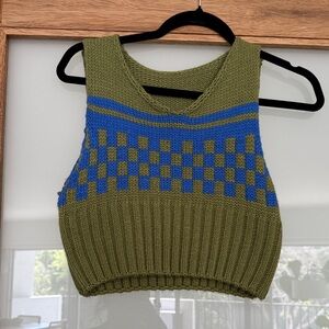 Vintage Green and Blue Checkered Knit Crop Top